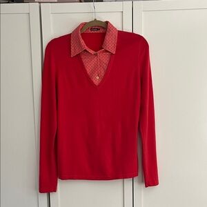 Red V-Neck Sweater with Patterned Collar